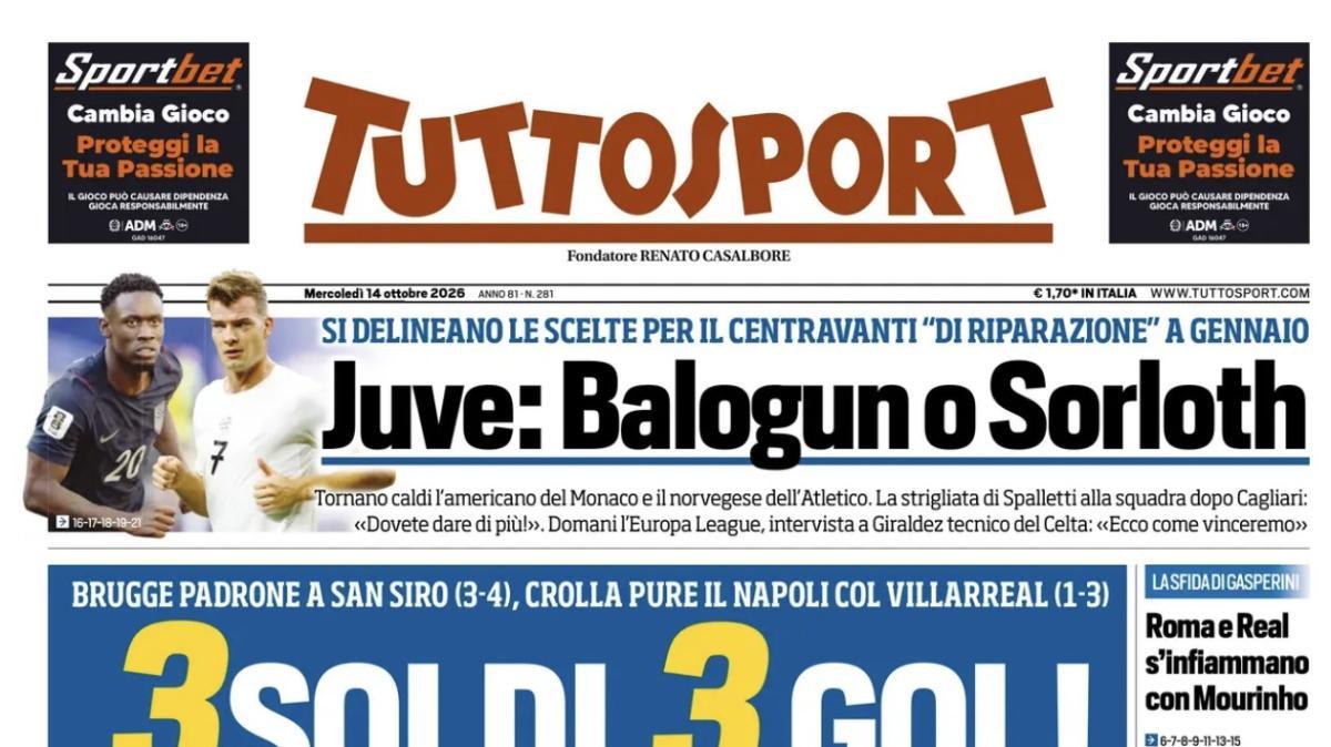 Tuttosport in apertura: "3soldi 3 gol! Incubo Inter". La tripletta del milanista Tresoldi