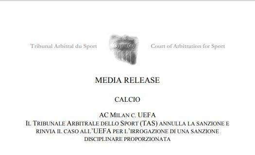 UFFICIALE: annullata la sentenza Uefa. Milan riammesso in Europa