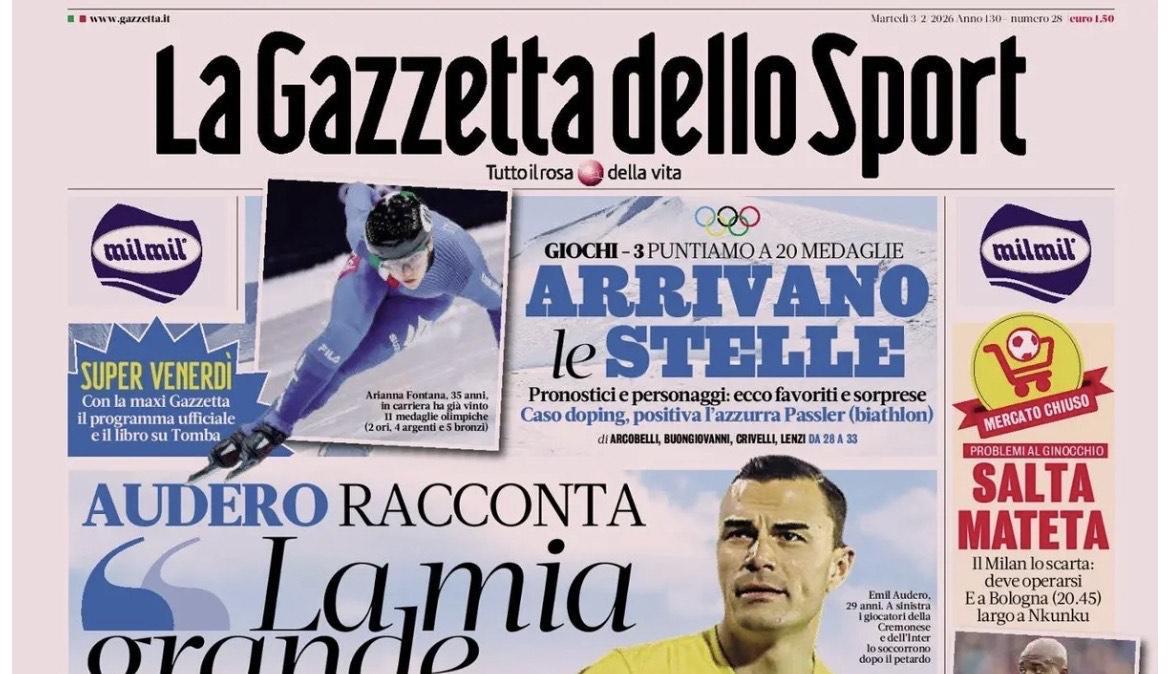 La Gazzetta in prima pagina sul Milan: "Salta Mateta"