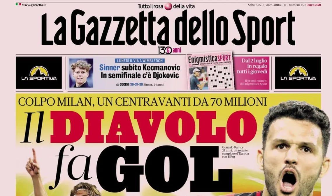 Colpo Milan, ecco Gonçalo Ramos. L'apertura della Gazzetta: "Il Diavolo fa gol"