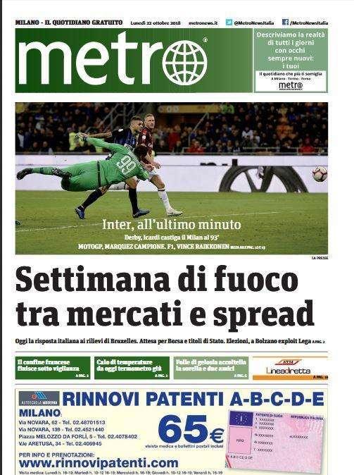 Metro: "Inter all'ultimo minuto"