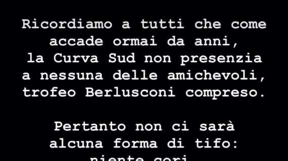 Trofeo Berlusconi, la Curva Sud non ci sarà: niente cori e striscioni