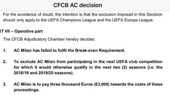MN - Sentenza Uefa, 33 pagine per l'esclusione: ecco alcuni passaggi importanti