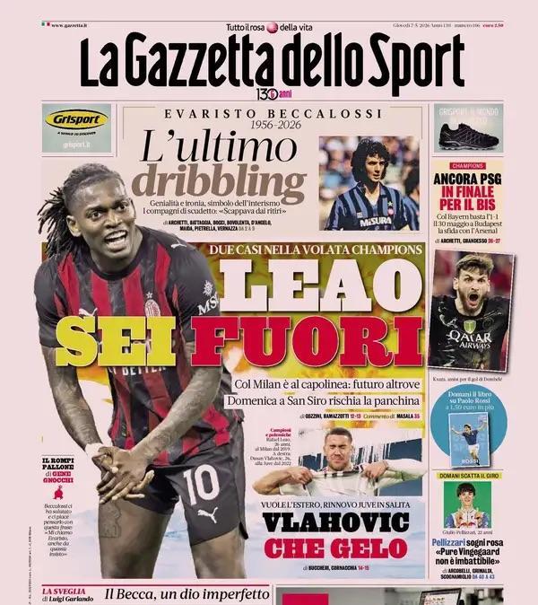 L'apertura della Gazzetta: "Leao, sei fuori. Col Milan è al capolinea: futuro altrove"
