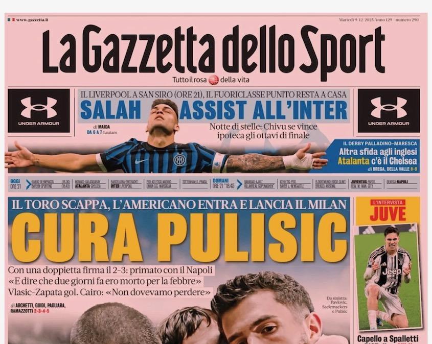 Vittoria in rimonta e il Milan torna primo. L'apertura della Gazzetta: "Cura Pulisic"