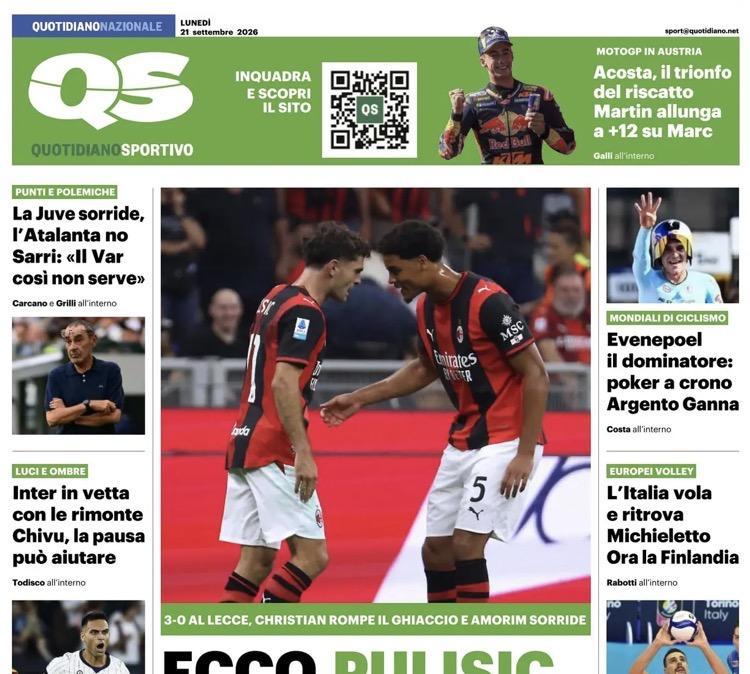 3-0 al Lecce. Il QS titola: "Ecco Pulisic. Scatto Milan"