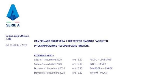 Campionato Primavera 1, ecco quando verranno recuperate Torino-Milan e Milan-Sassuolo
