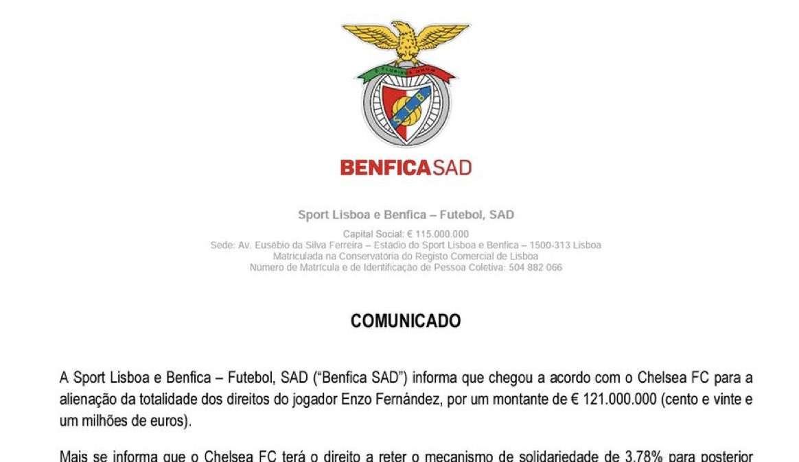 Enzo Fernandez, l'annuncio del Benfica: "Al Chelsea per 121mln"