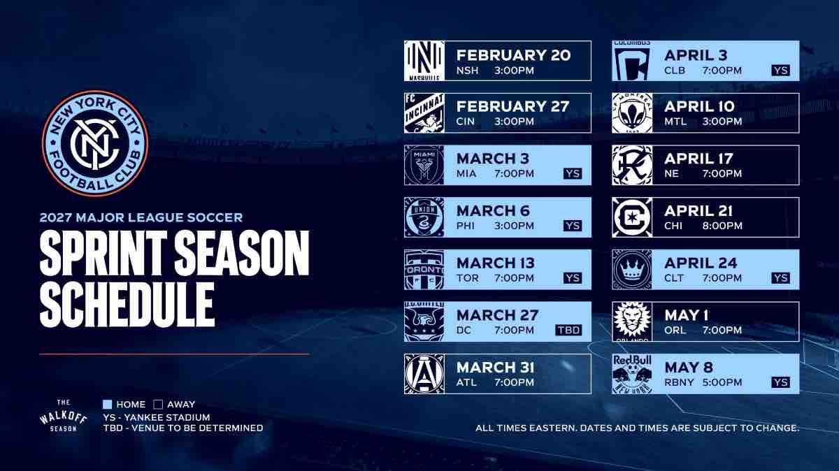 New York City FC Announces 2027 MLS Sprint Season Schedule