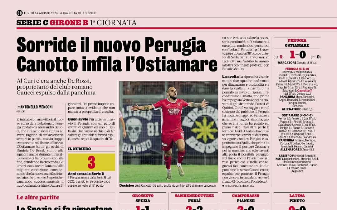 Anche la Gazzetta dello Sport ha celebrato il successo del "nuovo" Perugia contro l'Ostiamare
