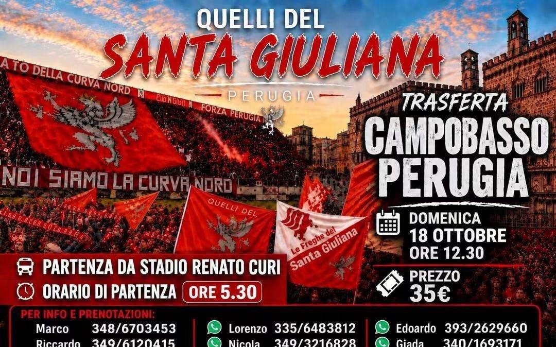 Il gruppo "Quelli del Santa Giuliana" organizza la trasferta per i tifosi del Perugia domenica 18 ottobre a Campobasso