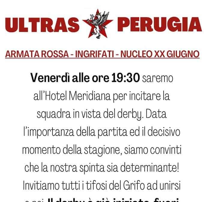 Gli Ultras del Perugia e non solo saranno venerdì alle 19.30 all'Hotel La Meridiana per incitare la squadra