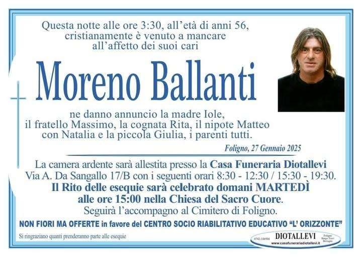 A Foligno la camera ardente e i funerali per dare l'ultimo saluto a Moreno Ballanti