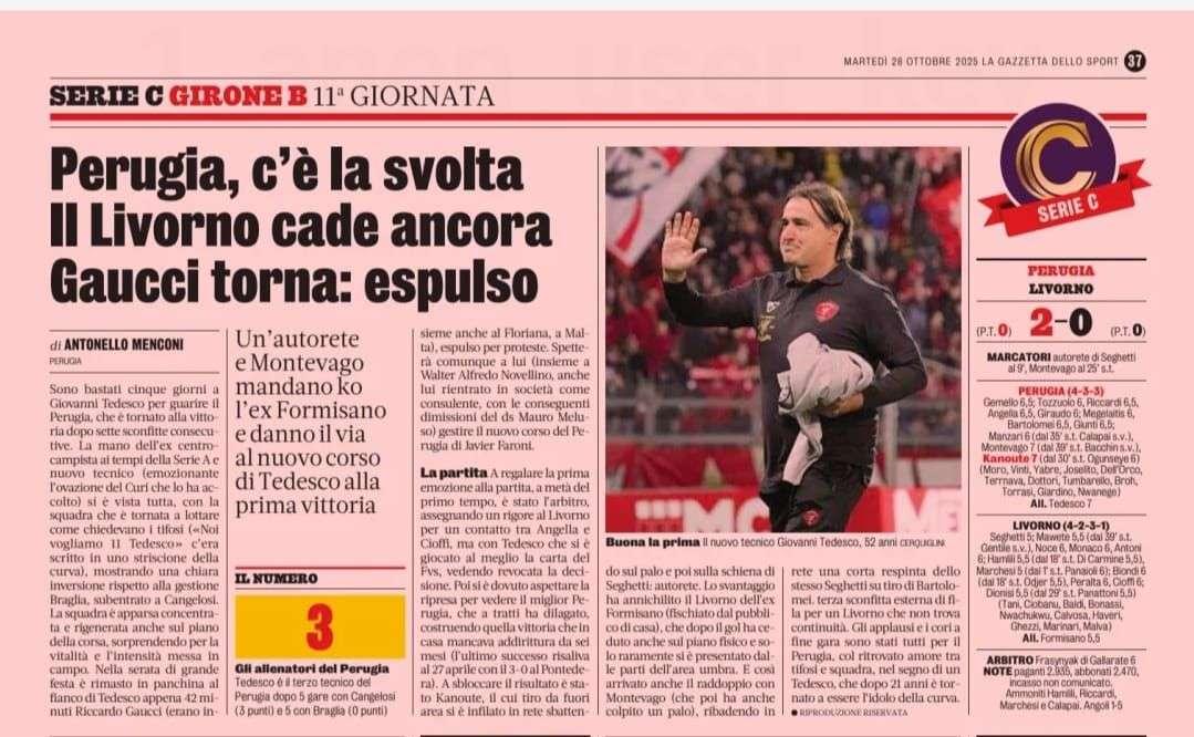 Anche la Gazzetta dello Sport esalta la vittoria del Perugia targato Tedesco contro il Livorno