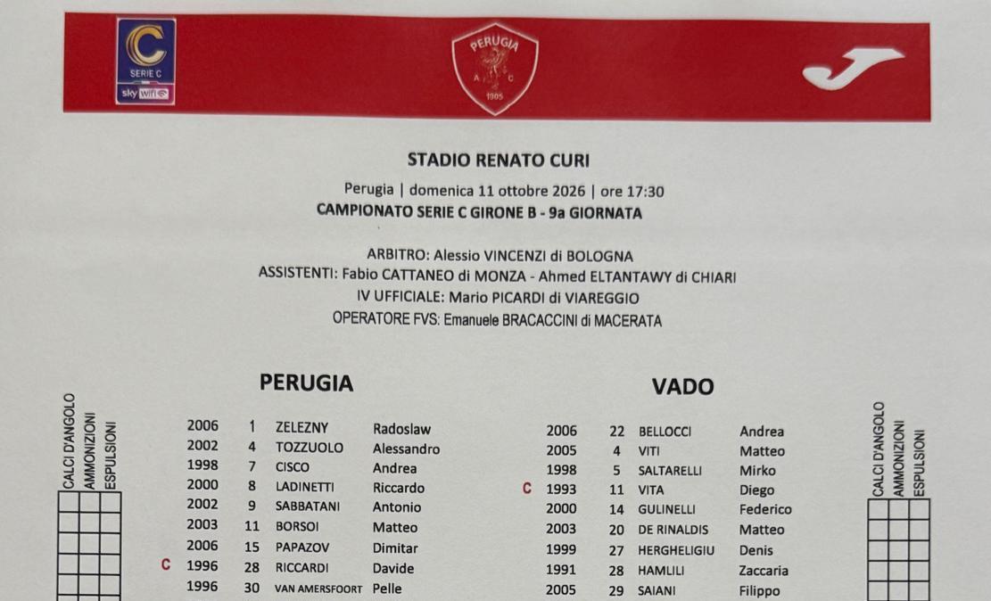 PERUGIA-VADO (LIVE): le formazioni in campo