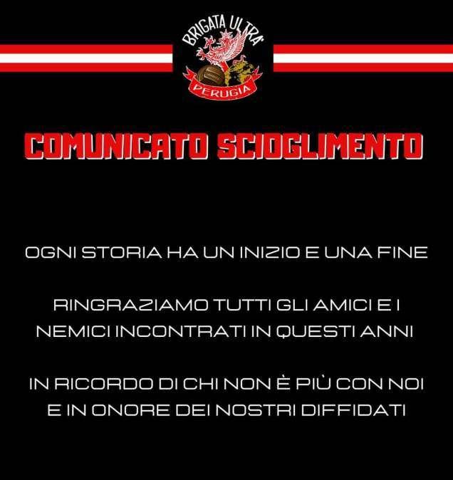 Dopo oltre trent'anni si è sciolta la Brigata Ultrà del Perugia!