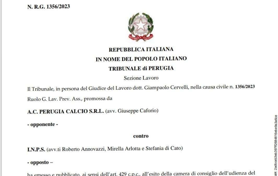 Un milione di euro in più nelle casse del Perugia Calcio: accolto il ricorso contro l'Inps per contributi non pagati