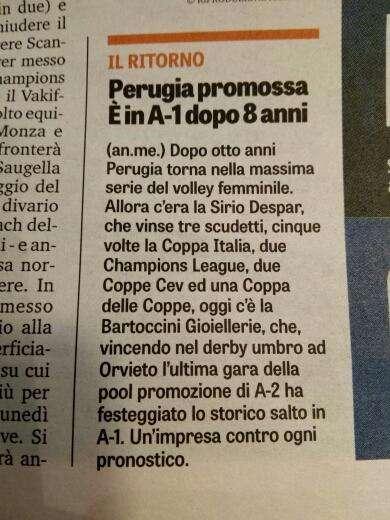 Anche la Gazzetta dello Sport ha celebrato il salto della Bartoccini Perugia in A1 femminile di volley