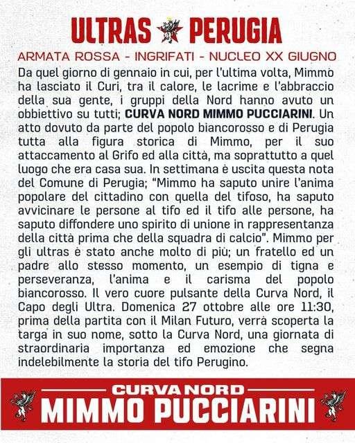 Domenica alle 11.30 sotto la Curva Nord del Curi verrà scoperta una targa per "Mimmo" Pucciarini