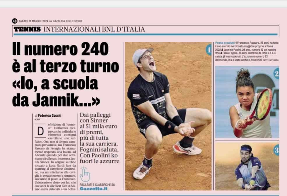 La Gazzetta celebra Francesco Passaro! Il tennista perugino al terzo turno agli internazionali di Roma!
