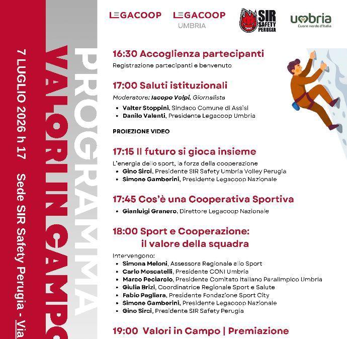 Oggi alle 17 l'incontro “Valori in Campo – Quando sport e cooperazione fanno squadra” presso la sede della Sir Safety ad Assisi