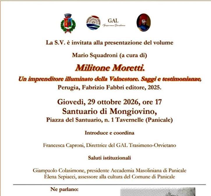 “Militone Moretti. Un imprenditore illuminato della Valnestore. Saggi e testimonianze”: giovedì 29 la presentazione del libro a Mongiovino