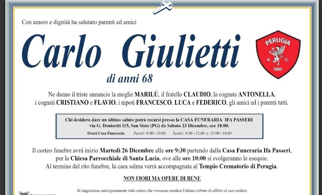 Camera ardente a San Sisto per l' ultimo saluto a Carlo Giulietti: martedì i funerali 