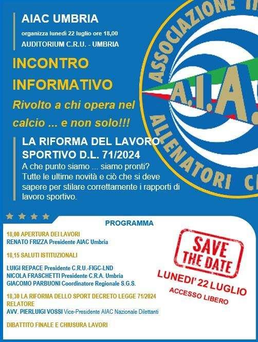 Lunedì 22 luglio incontro dell'Aiac di Prepo con Pierluigi Vossi sulla "riforma del lavoro sportivo"