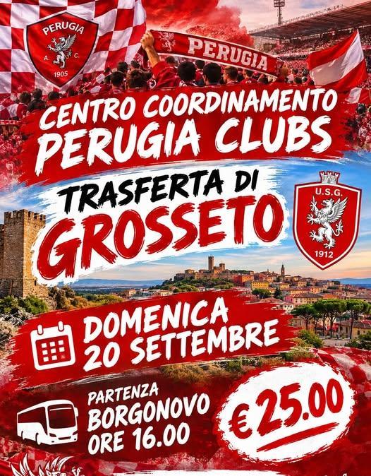 In trasferta a Grosseto domenica 20 settembre con il Centro di Coordinamento dei Perugia Clubs: 25 euro il prezzo