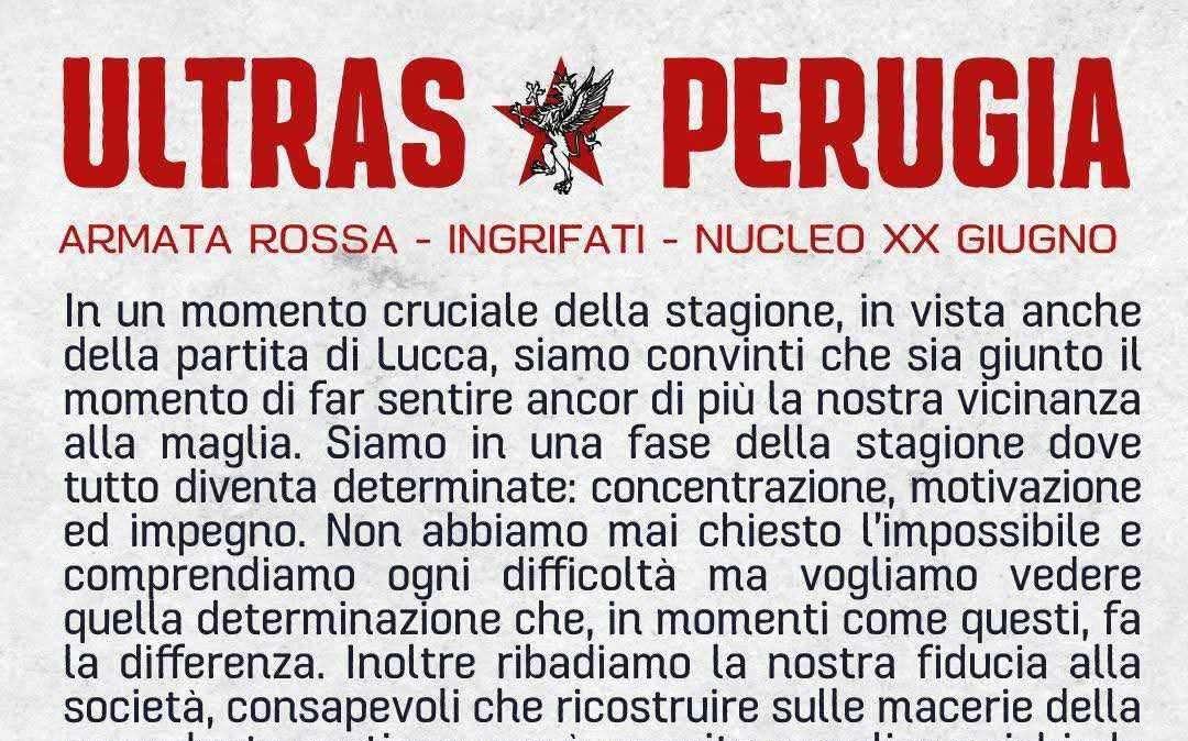 I tifosi della Curva Nord al fianco del Perugia in vista della trasferta di Lucca: sabato tutti all'allenamento