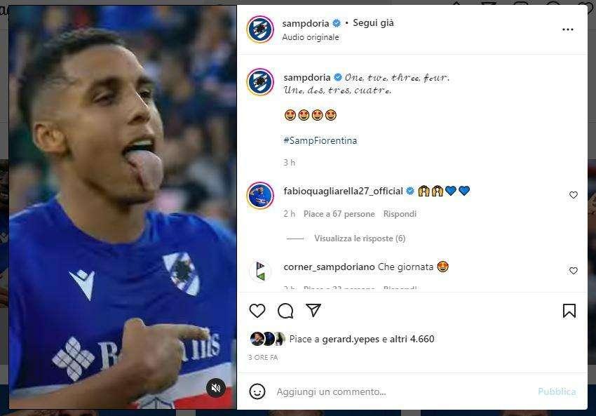 Sampdoria celebra i gol contro la Fiorentina sui social: "One, two, three, four..."