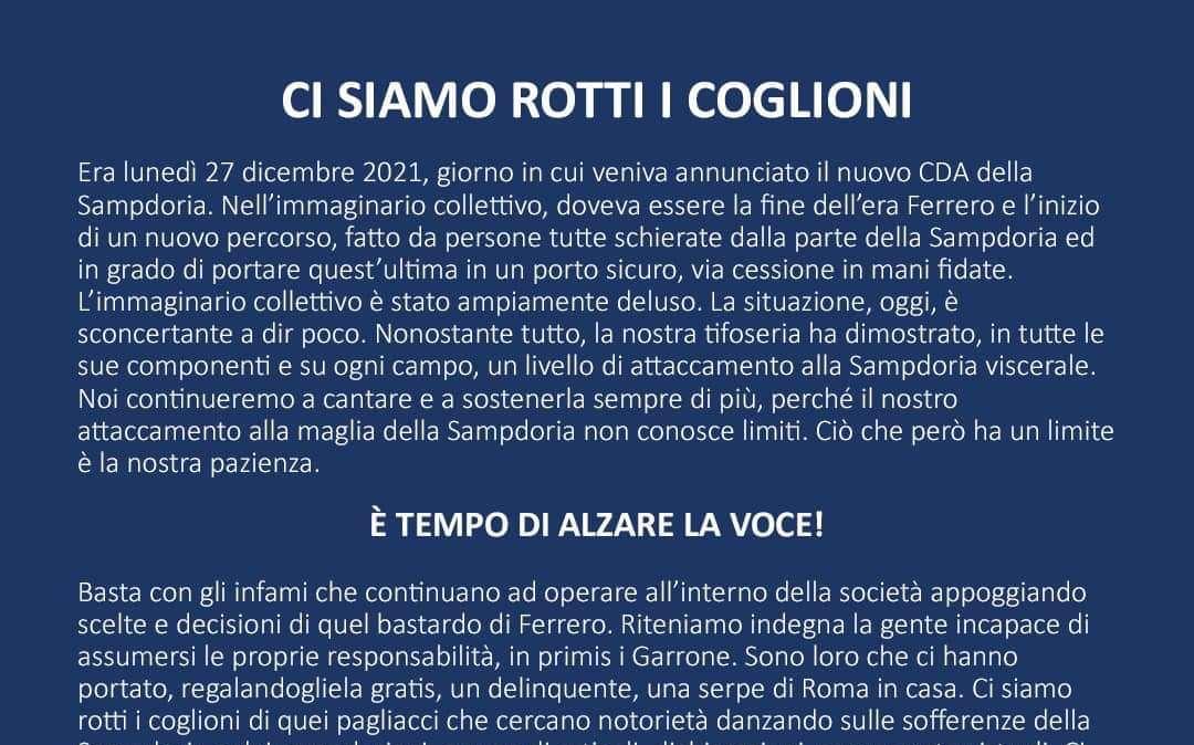 Sampdoria, la Sud: appuntamento 26 novembre sotto la gradinata