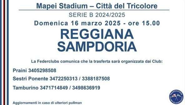 Federclubs, info e pullman per Reggiana - Sampdoria
