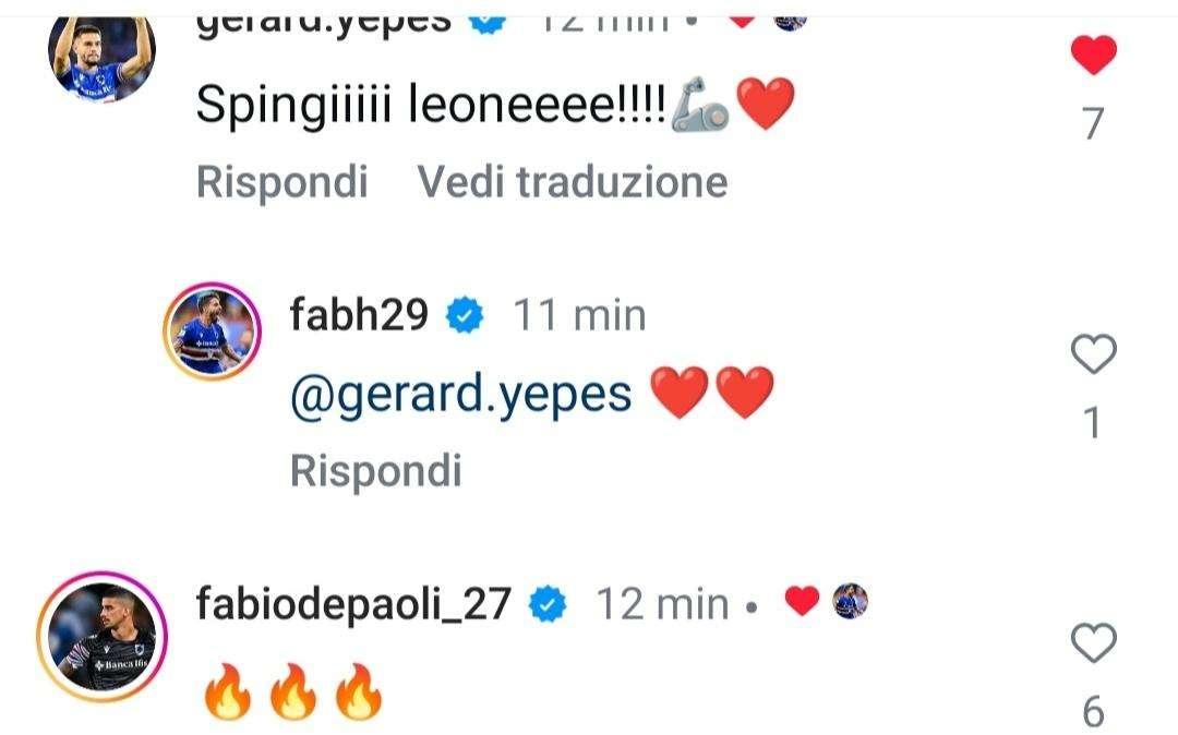 Sampdoria social, il sostegno di Yepes e Depaoli a Borini