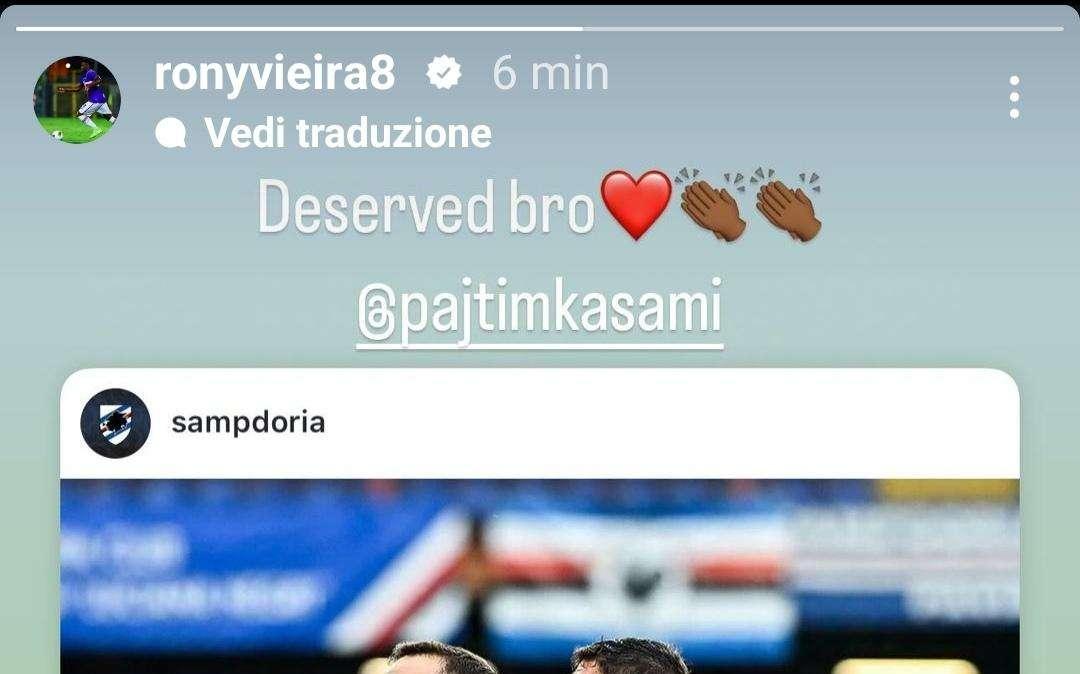 Sampdoria, Vieira si complimenta con Kasami per il gol 