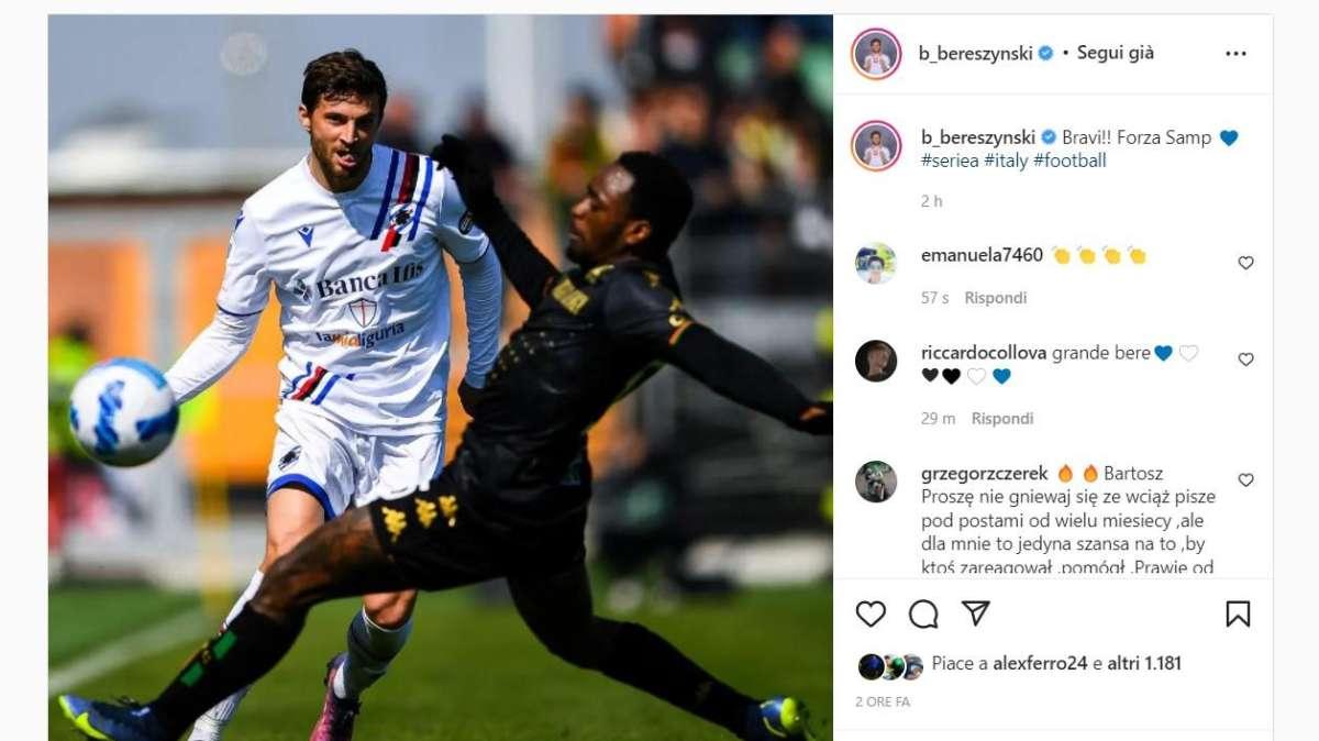 Sampdoria, Bereszynski festeggia sui social: "Bravi! Forza Samp"