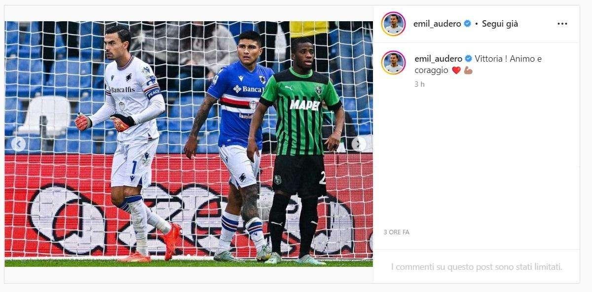Sampdoria, Audero festeggia: "Vittoria! Animo e coraggio"