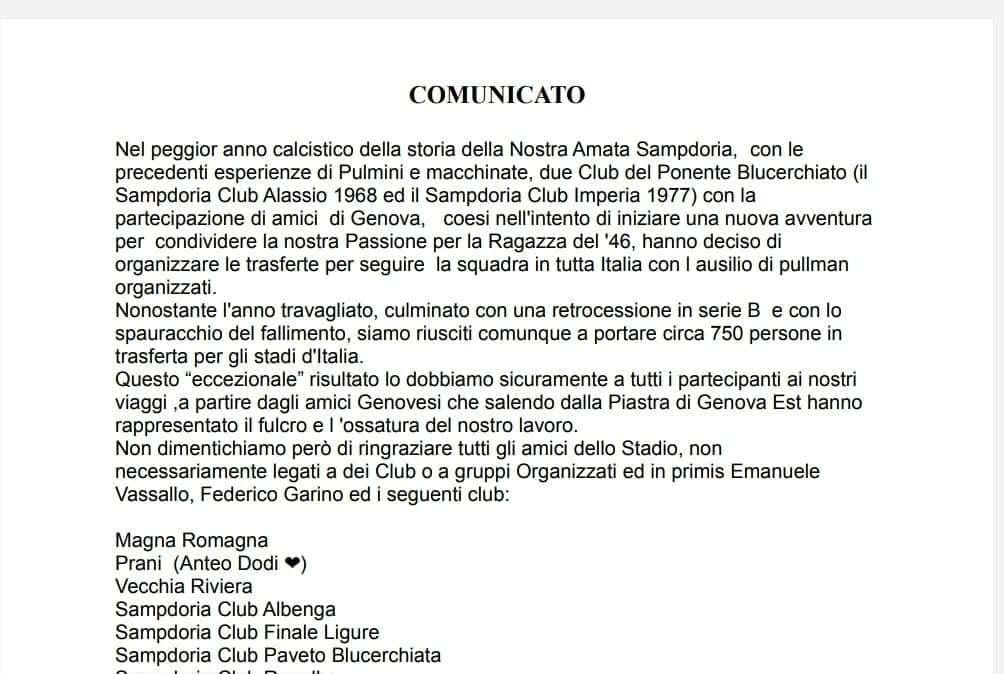 Federclubs, i complimenti ai Sampdoria club Alassio 1968 e Sampdoria club Imperia 1977