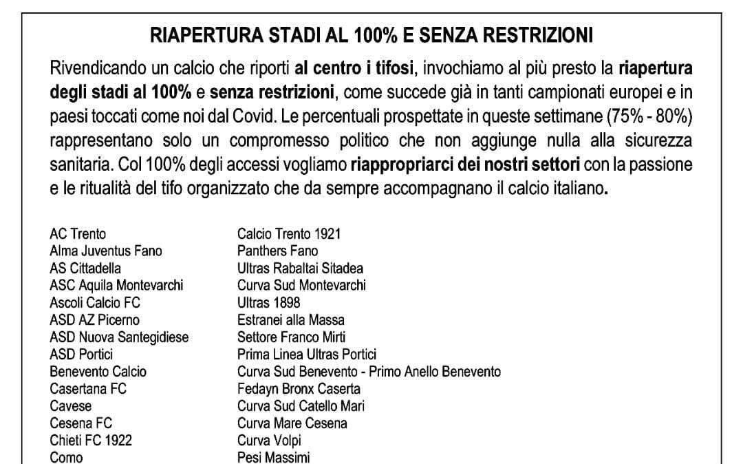 Gradinata Sud Sampdoria nel comunicato tifoserie su riapertura stadi al 100% senza restrizioni