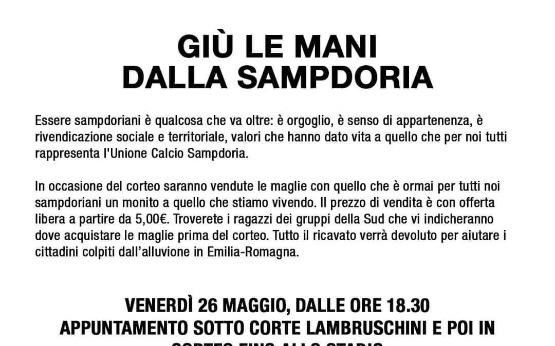 Corteo 26 maggio, in vendita maglie "Giù le mani dalla Sampdoria", incasso per l'Emilia Romagna