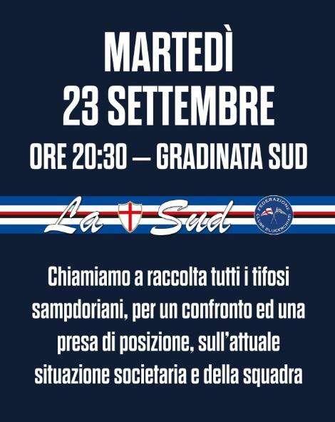 Tifoseria Sampdoria, Federclubs e Gruppi della Sud: stasera h 20.30 in Gradinata 
