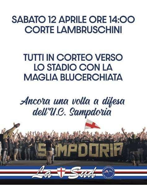 Sampdoria, Federclubs: "Sabato a Corte Lambruschini. Tutti in corteo verso lo stadio"