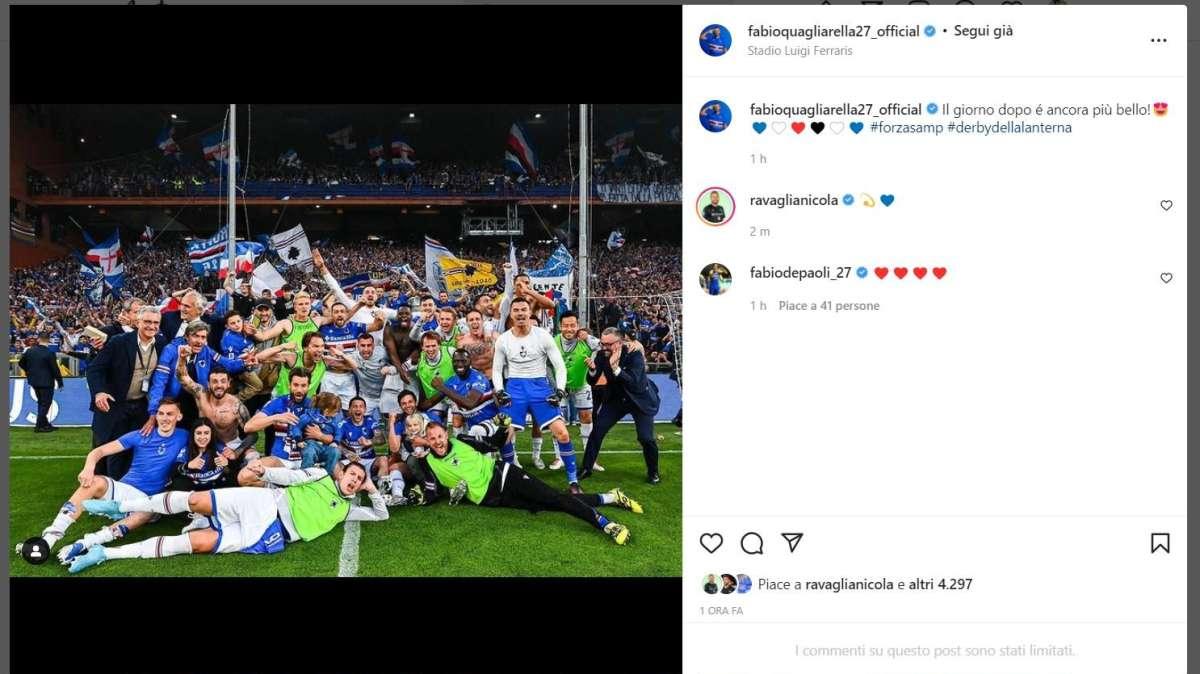 Sampdoria, Quagliarella concorda con Ferrari: "Il giorno dopo é ancora più bello!"