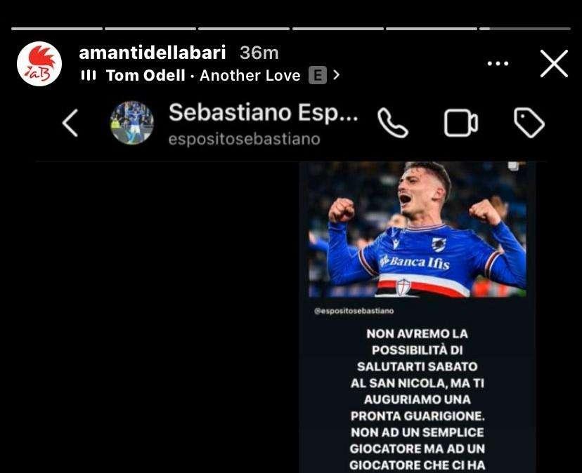 Bari - Sampdoria, Esposito dispiaciuto per l'assenza: "Non l'avrei saltata per nulla al mondo"