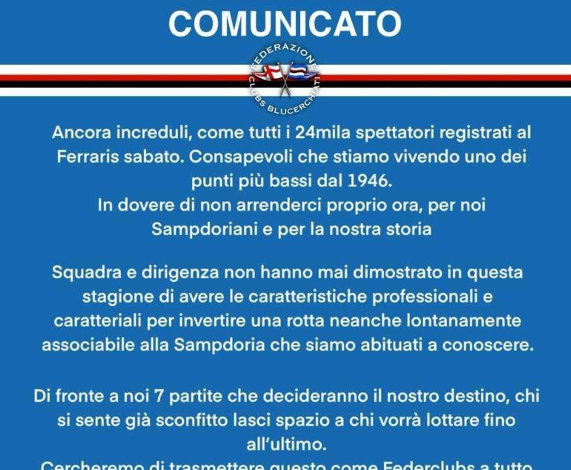 Sampdoria, Federclubs: "Chi si sente già sconfitto lasci spazio a chi vorrà lottare"