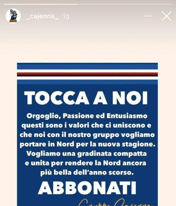 Sampdoria, Gruppo Cajenna: "Tocca a noi. Orgoglio, passione ed entusiasmo"