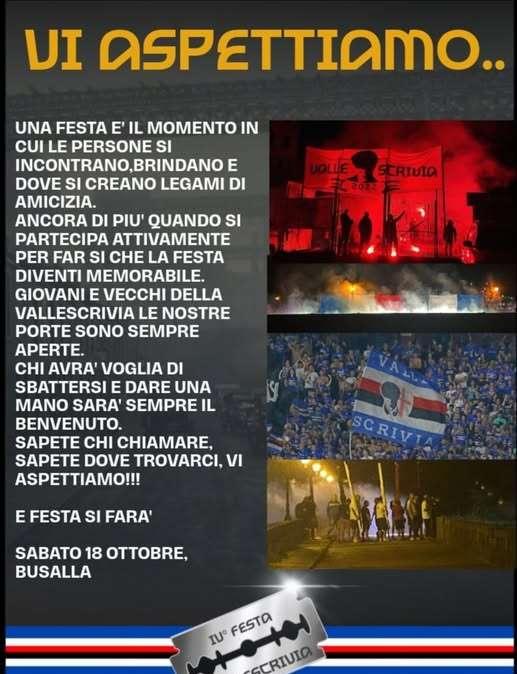Tifosi Sampdoria, l'invito per la festa del Vallescrivia a Busalla