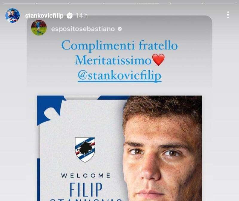 Obiettivi Sampdoria, Seb. Esposito manda messaggio a Stankovic: "Complimenti fratello"