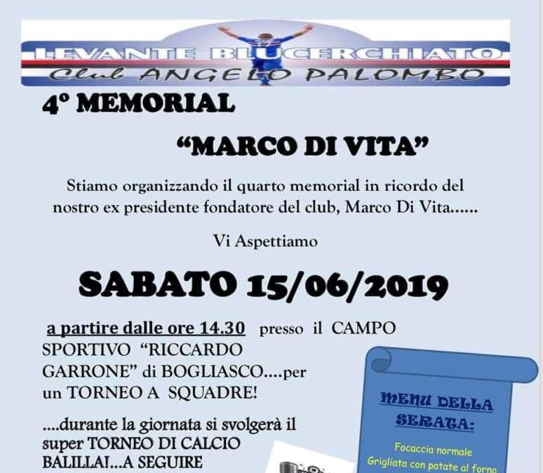 Il 15 giugno il "4^ Memorial Marco Di Vita" a Bogliasco