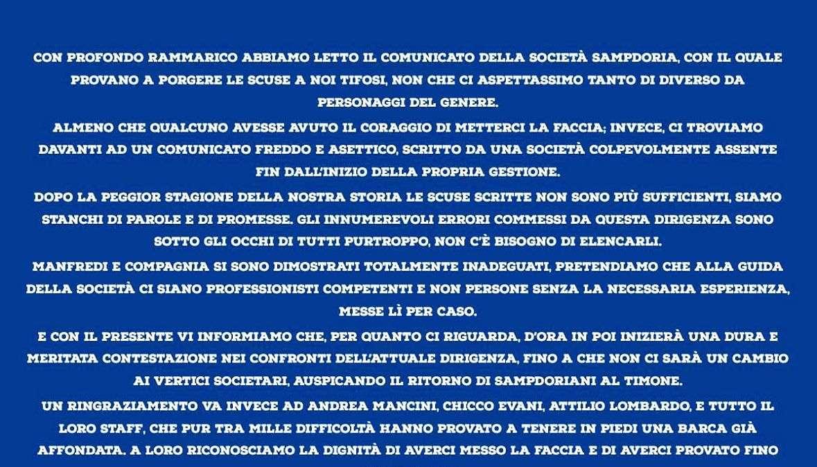 Situazione Sampdoria, Fedelissimi: "D'ora in poi inizierà una dura e meritata contestazione"